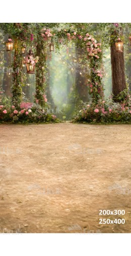 Tło fotograficzne romantyczny leśny łuk z lampionami | E562